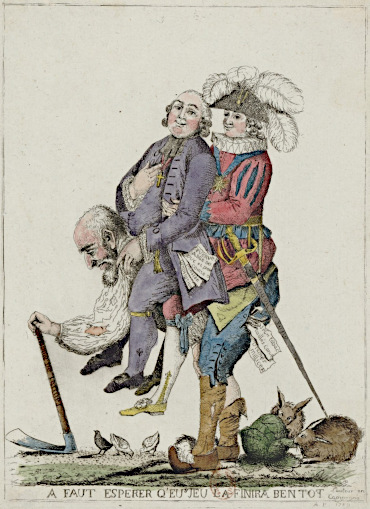 Charge de 1789, que mostra o terceiro Estado carregando o clero e a nobreza nas costas.