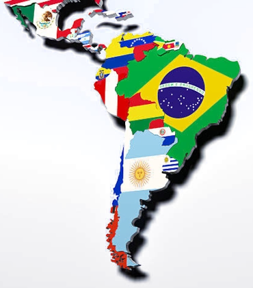mapa da América Latina e bandeiras